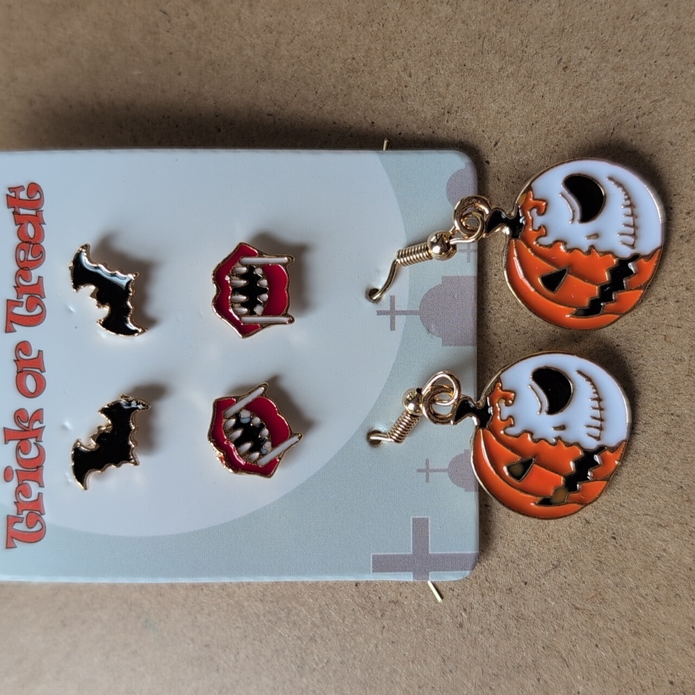 Halloween Spooky Bat and Pumpkin Earrings Set